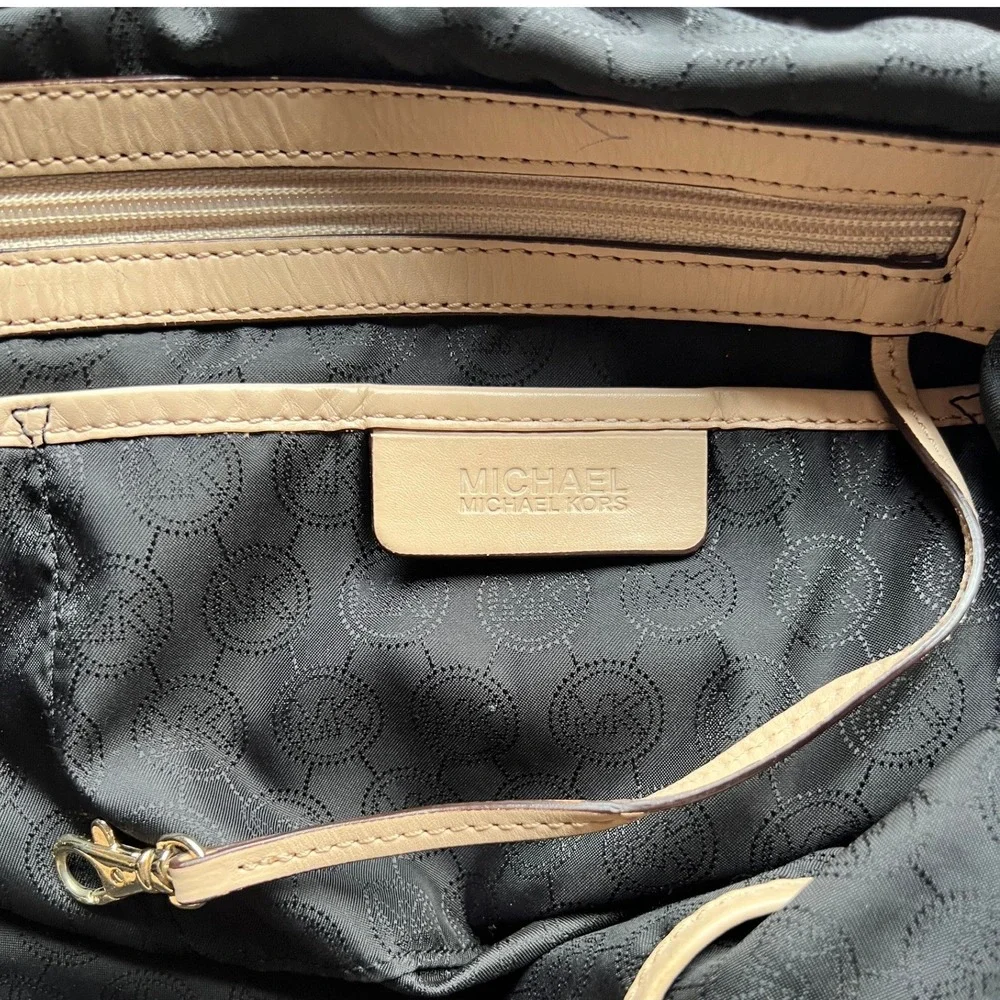 Michael Kors‎ Bedford Black Pebbled Leather Tote Bag Tan Straps Gold Hardware